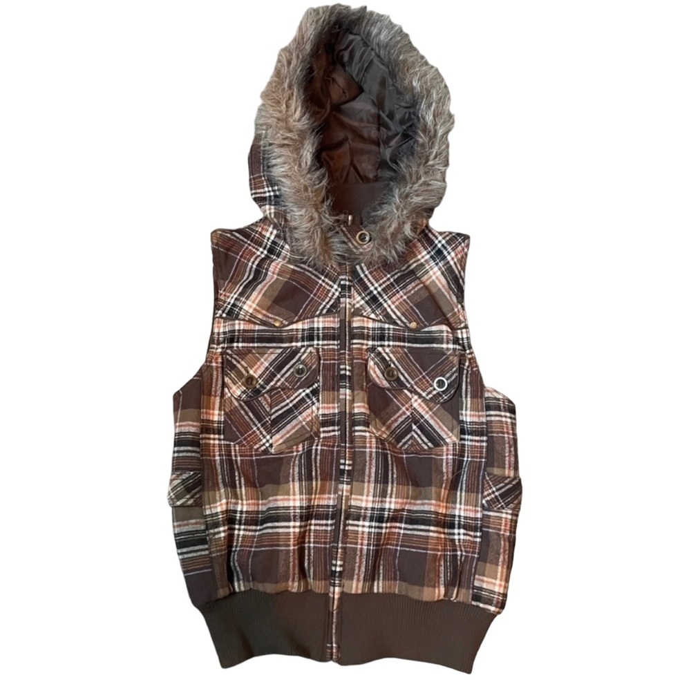 𝅺Vintage Y2K Ashley Brown Plaid Academia Winter Downtown Girl Retro Puffer Vest